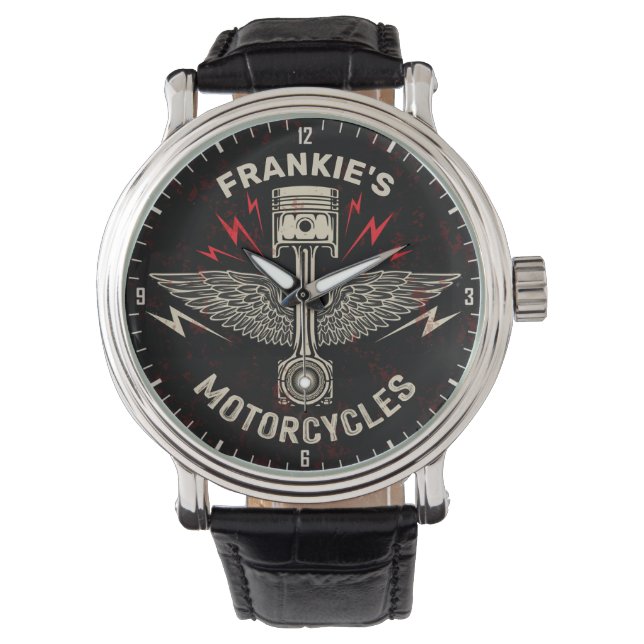 Montre Nom personnalisé Motorcycle Piston Wings Biker Gar (devant)