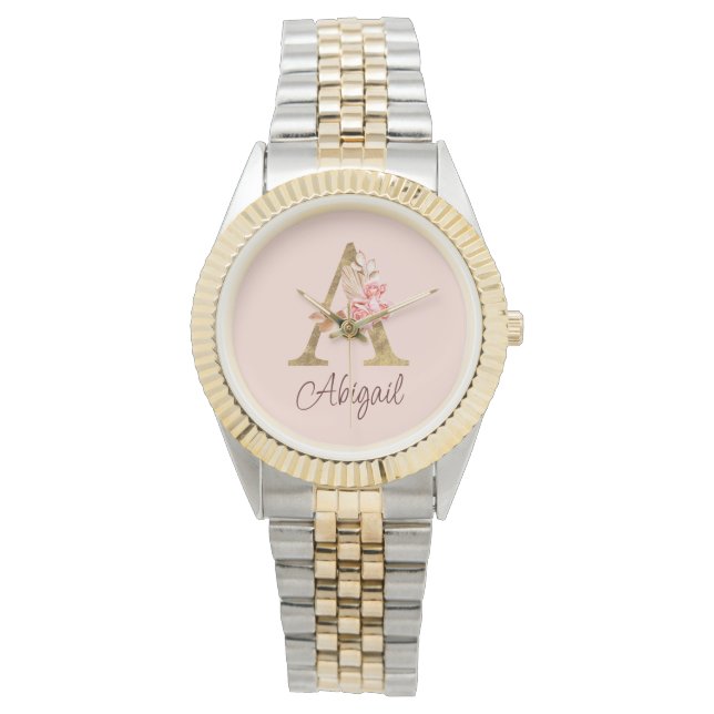 Montre Nom personnalisé Or Feuille Rose Blush Lettre A (devant)