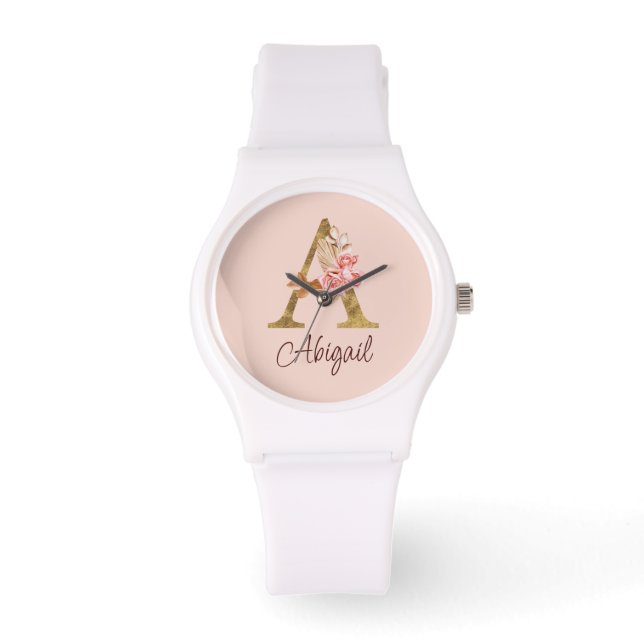 Montre Nom personnalisé Or Feuille Rose Blush Lettre A (Recto)