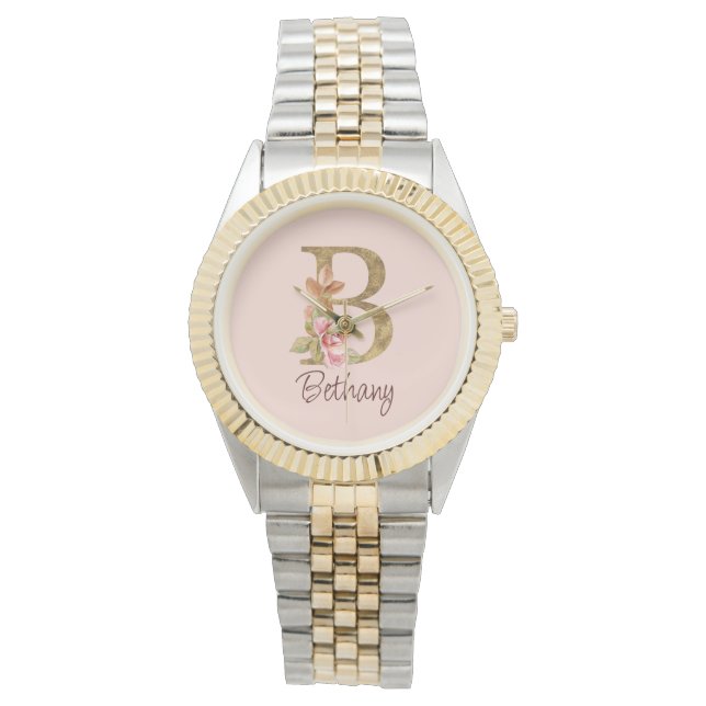 Montre Nom personnalisé Or Feuille Rose Blush Lettre B (devant)