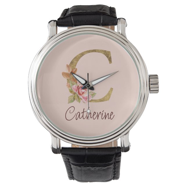Montre Nom personnalisé Or Feuille Rose Blush Lettre C (devant)