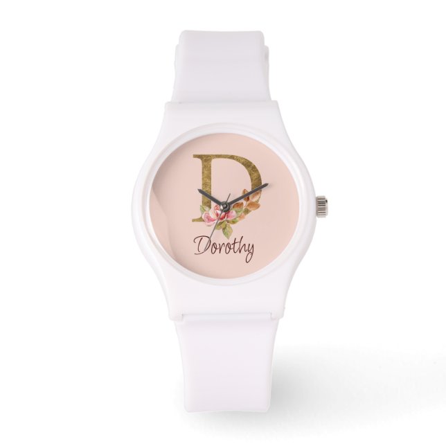 Montre Nom personnalisé Or Feuille Rose Blush Lettre D (Recto)