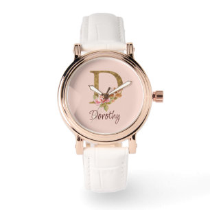 Montre Nom personnalisé Or Feuille Rose Blush Lettre D