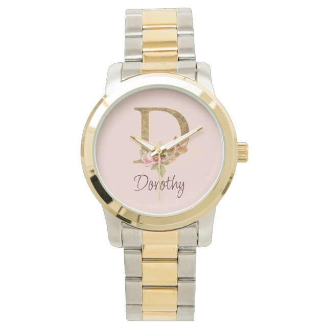 Montre Nom personnalisé Or Feuille Rose Pâle Roses Lettre (devant)