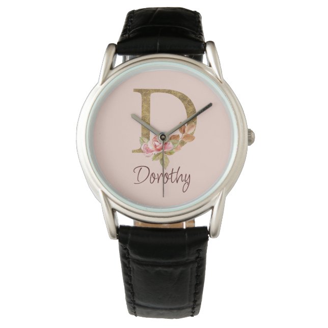 Montre Nom personnalisé Or Foil Blush Roses roses lettre  (devant)