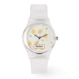 Montre Nom personnalisé orange feuille tropicale crème