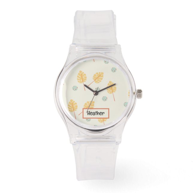 Montre Nom personnalisé orange feuille tropicale crème (Recto)