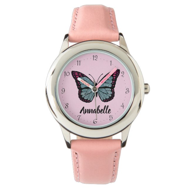 Montre Nom personnalisé Parties scintillant papillon rose (devant)