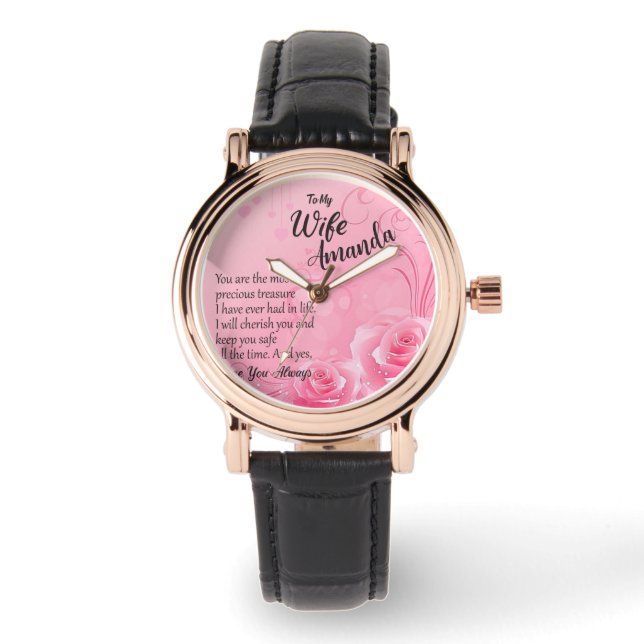 Montre Nom personnalisé Pink Rose Message pour femme (Recto)
