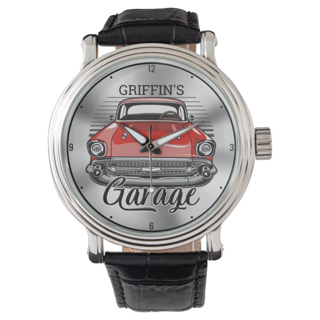 Montre NOM personnalisé Retro Red Classic Car Garage (devant)