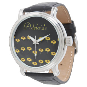 Montre Nom personnalisé tournesols jaunes sur noir