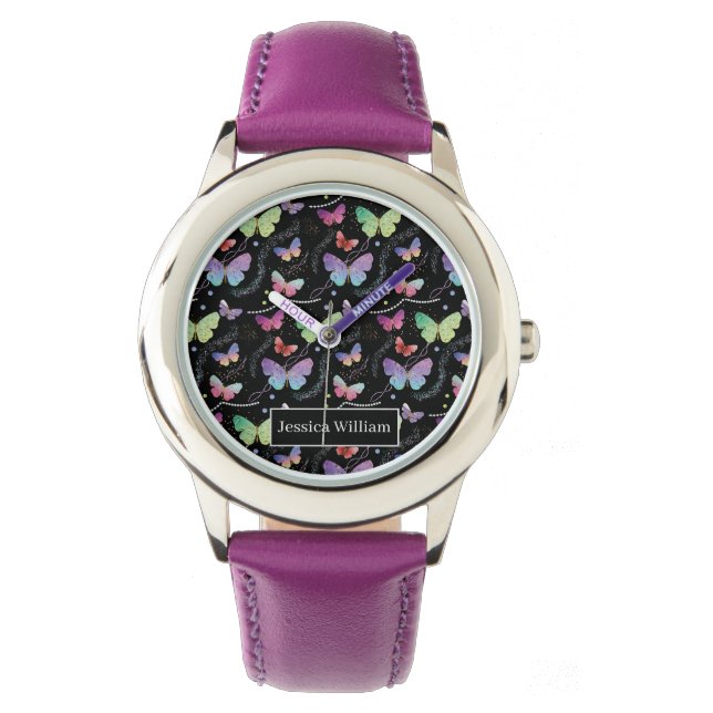 Montre Nom personnel Élégant Papillons violets brillants (devant)