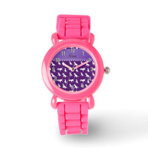 Montre Nom personnel violet arc-en-ciel licornes