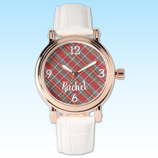 Montre Nom, Stewart Tartan Plaid, Femme en cuir blanc (Créateur téléchargé)