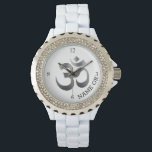 Montre Nom, Unique Symbole Om Métal Texturé Rhinestone<br><div class="desc">Cette montre blanche en pierre de rhinocéros pour femmes est dotée d'un symbole Om en métal texturé unique et de votre nom. Personnalisez facilement avec le nom, les initiales ou supprimez à l'aide du Modèle fourni. Beaucoup d'autres styles et couleurs sont disponibles. Voir "À propos de ce produit" pour des...</div>