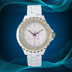 Montre Nombre minimal simple initial de monogrammes rose 