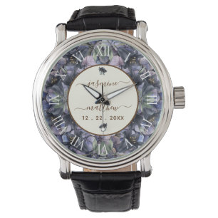 Montre Noms de Couple Floral Noir Classique Mariage