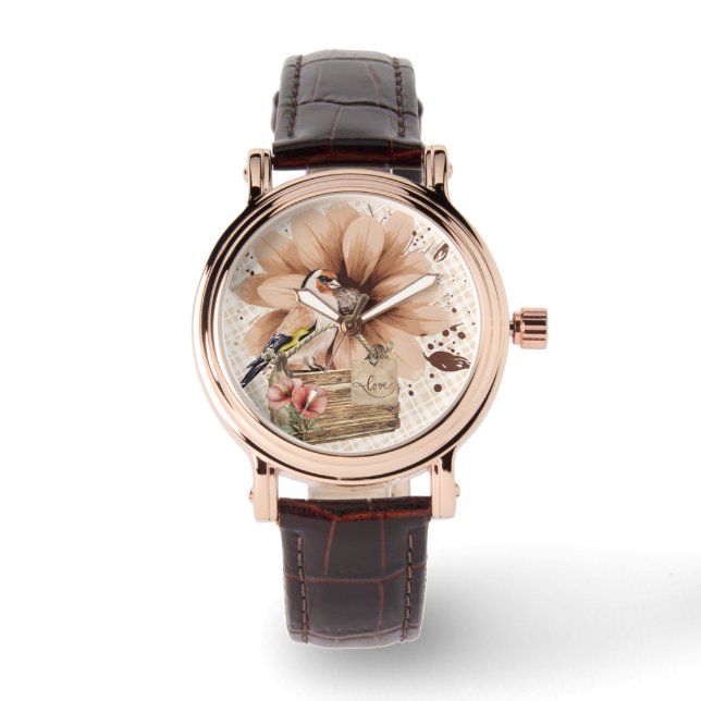 Montre Nook d'oiseaux en fleurs rustiques (Recto)
