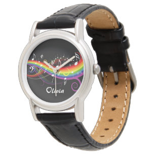 Montre Notes de musique blanc arc-en-ciel personnalisées