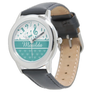 Montre Notes de musique et Motif de coeur Turquoise et bl