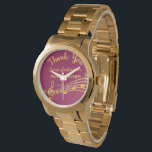 Montre Notes de musique or de retraite professeur de musi<br><div class="desc">Un cadeau de retraite simple et élégant pour une enseignante de musique féminine! Un arrière - plan de couleur bordeaux classique avec des notes de musique d'or. Modèle pour un nom,  et le texte : Merci,  lettres d'or. Le Merci est écrit avec un script de style manuel moderne.</div>