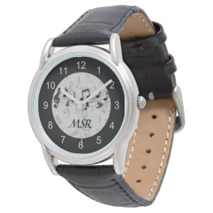 Montre Notes musicales en noir et gris monogrammes