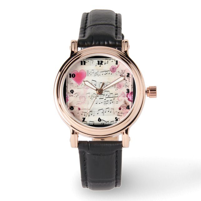 Montre Notes musicales et design Vintage Rose (Recto)