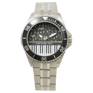 Montre Notes musicales et touches de piano Noir et Or
