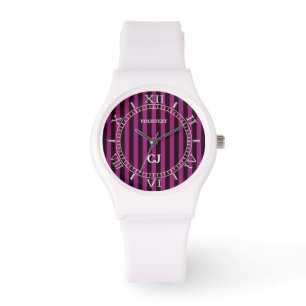 Montre Numérotation des bandes verticales Fuchsia personn