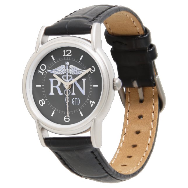 Montre Nurse RN Caduceus Monogram Dial Style on Black (Incliné)