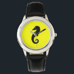 Montre Ocean Glow_Hippocampe noir sur jaune<br><div class="desc">Il est temps de s'attarder avec notre Ocean Glow attrayant, des icônes maritimes, une montre bracelet noir sur jaune. Le petit design doux est également personnalisable. Vous pouvez modifier la taille, la position, la couleur, même le nombre de hippocampes, avec la couleur arrière - plan. Cliquez simplement sur "Customisez-le", et...</div>