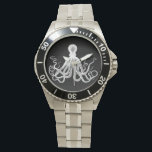 Montre Octopus blanc vintage sur noir<br><div class="desc">Cette montre présente une illustration vintage d'une pieuvre en blanc sur un arrière - plan noir.</div>