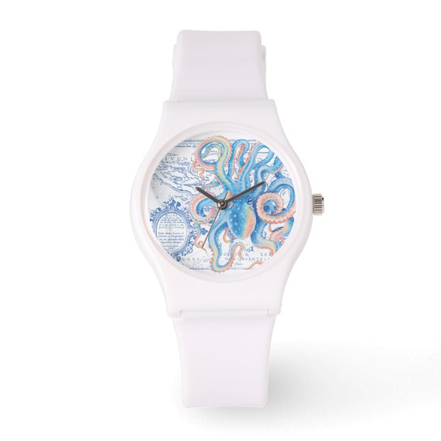 Montre Octopus Blue Vintage Map Chic Aquarelle (Recto)