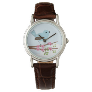 Montre Oiseau bleu dans l'arbre en fleurs mou