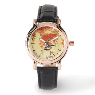 Montre Oiseau bleu Tit, Branche de Paulownia, Feuilles ro