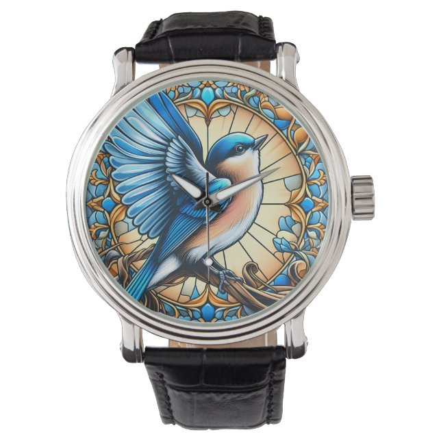 Montre Oiseau bleu vif perché sur du verre tendu (devant)