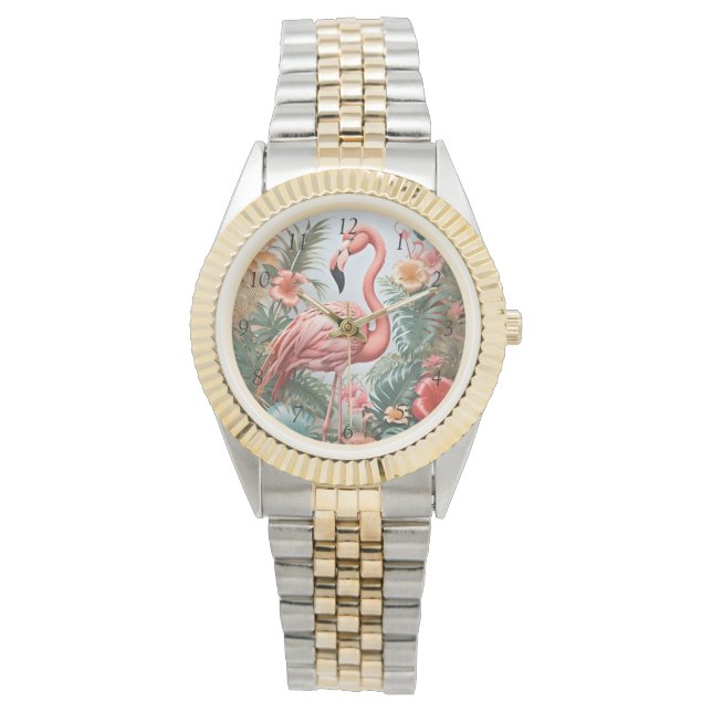 Montre Oiseau de Flamant rose rose élégant et fleurs trop (devant)