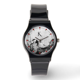 Montre OISEAU DE PRINTEMPS, FLEURS ARBRE Noir Blanc Monog