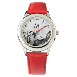 Montre OISEAU DE PRINTEMPS, FLEURS ARBRE Noir Blanc Monog