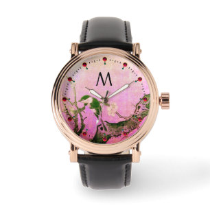 Montre OISEAU DE PRINTEMPS, FLEURS ARBRE noir Monogramme