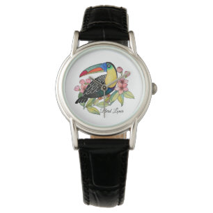 Montre Oiseau de toucan d'aquarelle avec des fleurs