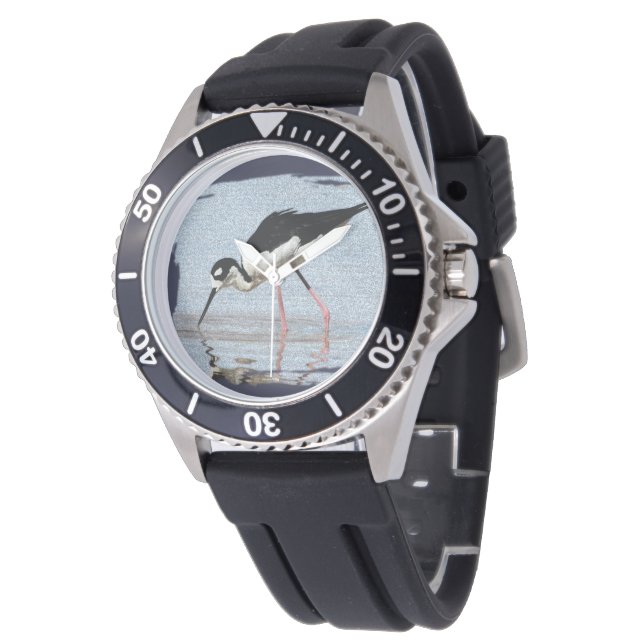 Montre Oiseau d'échalage Plage côtière noire et blanche A (Incliné)