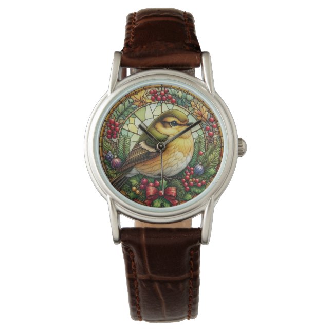 Montre Oiseau en cuir Brown en verre de Noël (devant)