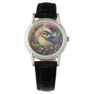 Montre Oiseau en cuir noir en verre de Noël