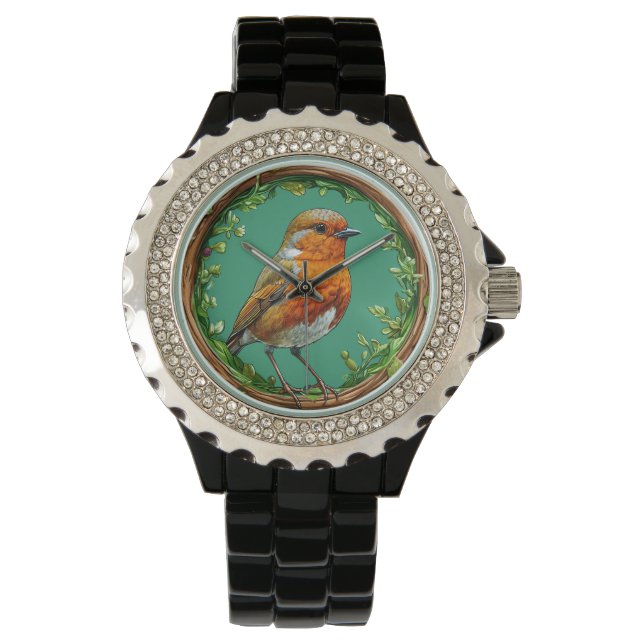 Montre Oiseau encadré par des fleurs vibrantes (devant)