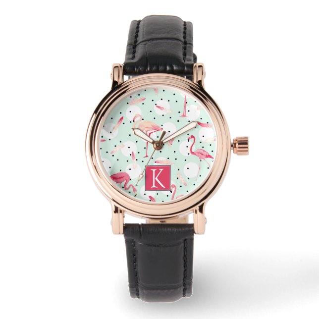 Montre Oiseau Flamant rose Avec Plumes | Ajouter votre in (Recto)