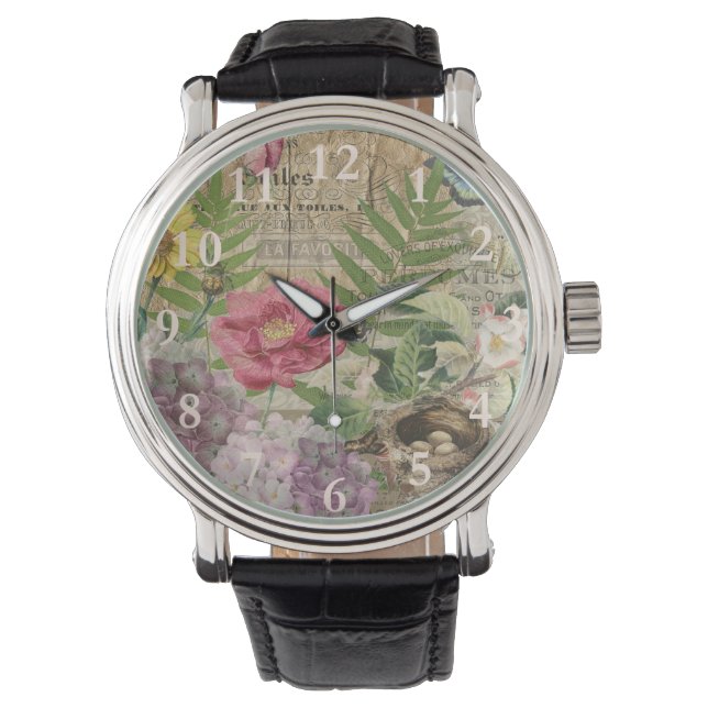 Montre Oiseau Nid Floral Jardin Fleur Papillon Art (devant)