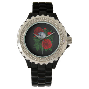 Montre Oiseau sur un bouquet de pivoine rouge