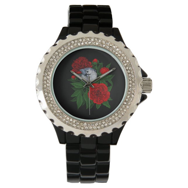 Montre Oiseau sur un bouquet de pivoine rouge (devant)