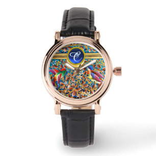 MONTRE OISEAUX COLORÉS ET ÉPAULES FLORALES MONOGRAMME DE